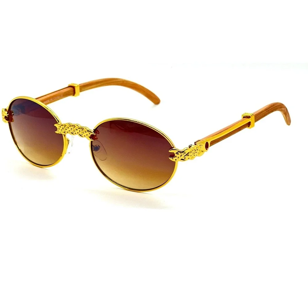 Retro Vintage Style Horn‎ Rim  Brown Lens Gold Round Fashion Driving Sunglasses